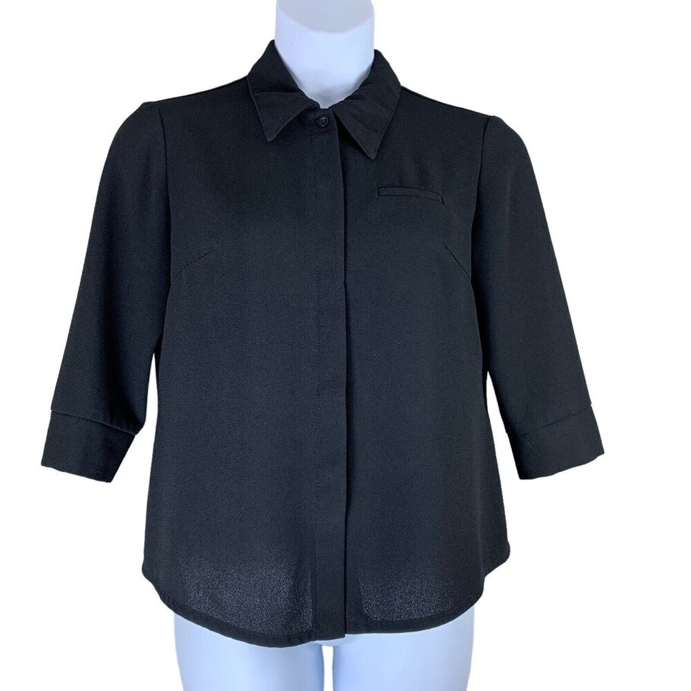 Sport Collection Sz Petite 12 Blouse Black Button Up Collared 3/4 Sleeve Womens